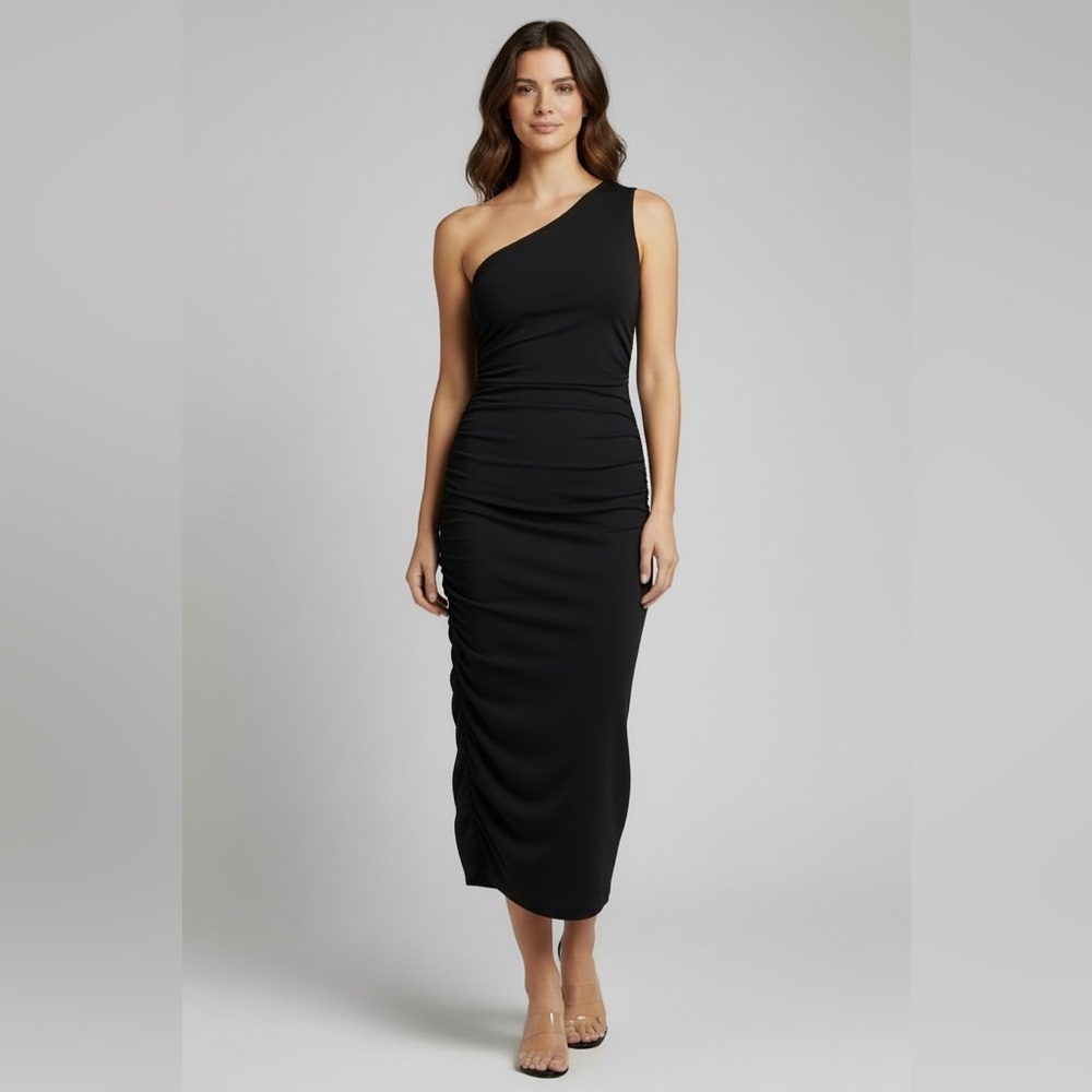 Express One Shoulder Ruched Bodycon Midi Dress Black Size XS - Picture 3 of 7